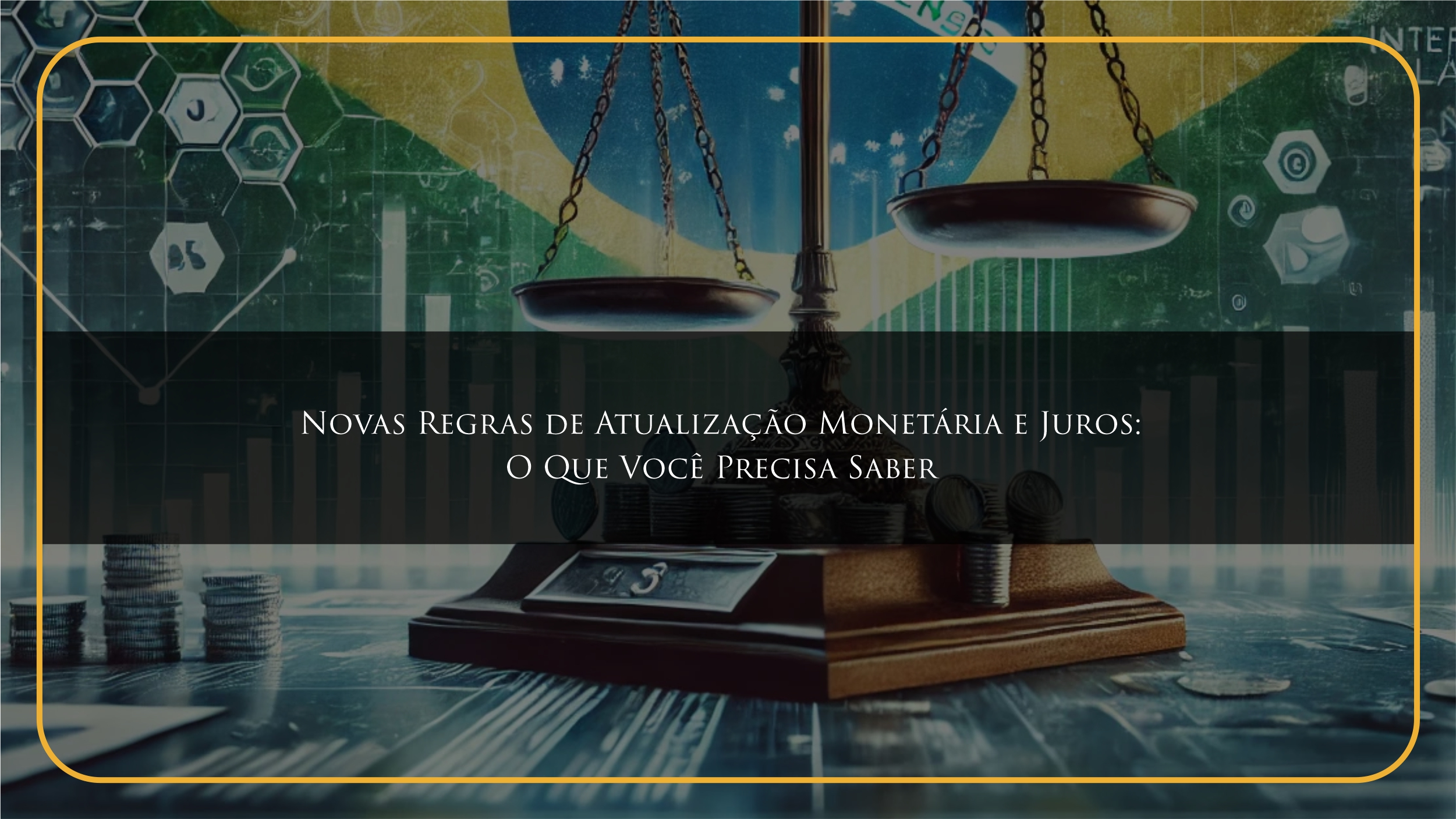 Ilustração profissional de leis financeiras no Brasil, mostrando uma balança da justiça, bandeira brasileira e símbolos financeiros sobre fundo azul e verde.